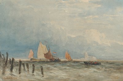 Nizozemské rybářské šnorchly u pobřeží, v dálce Grote Kerk, Dordrecht od David Cox
