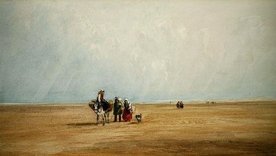 Figurky s oslem na francouzské pláži (akvarel na papíře) od David Cox