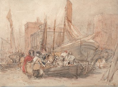 Scéna v přístavu s vykládkou rybářských lodí od David Cox