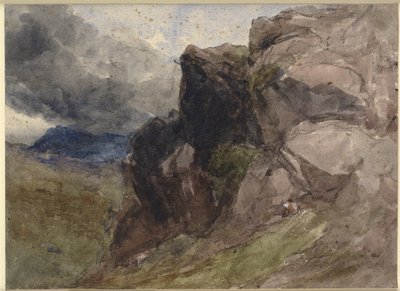 Skalnatá krajina ve Walesu s kresbou postavy v popředí vpravo od David Cox d.Æ.