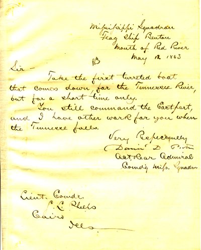 Dopis Davida D. Portera, U. S. S. Bentona, ústí Red River, Sethovi Ledyardovi Phelpsovi, Káhira, Illinois, 12. května 1863 od David D. Porter