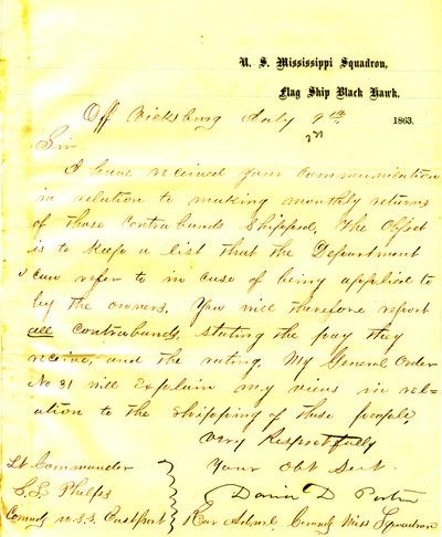 Dopis Davida D. Portera, U. S. S. Black Hawka, z Vicksburgu, Sethovi Ledyardovi Phelpsovi, velící americkému Eastportu, 9. července 1863 od David D. Porter