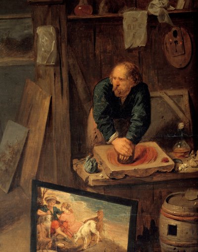 Malířská dílna s modelovým pózováním a bruskou barev Detail. Obraz Davida III. Ryckaerta (1612-1661), Ec. Podvod od David III Ryckaert