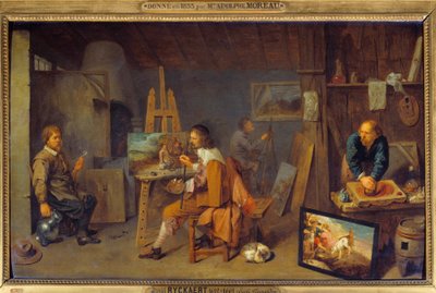 Malířská dílna s pózujícím modelem a bruskou barev. Obraz Davida III. Ryckaerta (1612-1661), Ec. Podvod od David III Ryckaert