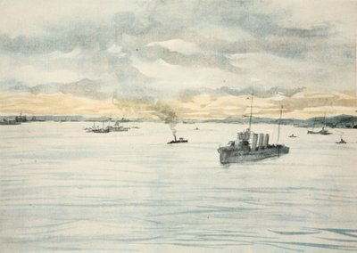 Torpédoborec v přístavu, ilustrace z knihy "The Western Front", vydavatelství Country Life Ltd. od David Muirhead Bone