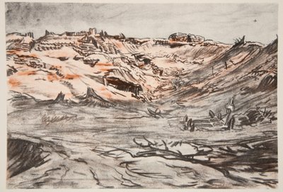 Nový lom Mouquet Farm, ilustrace z knihy "The Western Front", vydavatelství Country Life Ltd. od David Muirhead Bone