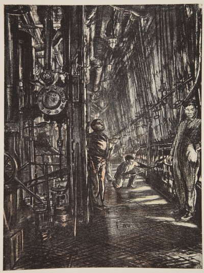 Kotelna na bitevní lodi, ilustrace z knihy "The Western Front", vydavatelství Country Life Ltd. od David Muirhead Bone