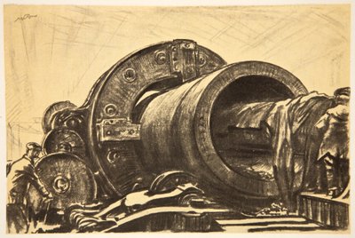 Vrtací stroj při práci na těžké dělové trubce, ilustrace z knihy "The Western Front", vydavatelství Country Life Ltd. od David Muirhead Bone