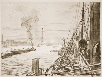 Nemocniční loď na základně, ilustrace z knihy "The Western Front", vydavatelství Country Life Ltd. od David Muirhead Bone