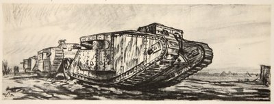 Řada tanků, ilustrace z knihy "The Western Front", vydavatelství Country Life Ltd. od David Muirhead Bone