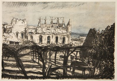 Růžová zahrada, ilustrace z knihy "The Western Front", vydavatelství Country Life Ltd. od David Muirhead Bone