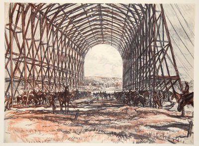 Stáj na západní frontě, ilustrace z knihy "The Western Front", vydavatelství Country Life Ltd. od David Muirhead Bone