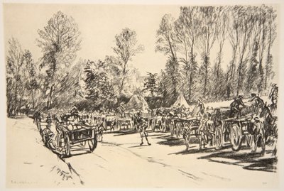 Zásobovací místo, ilustrace z knihy "The Western Front", vydavatelství Country Life Ltd. od David Muirhead Bone