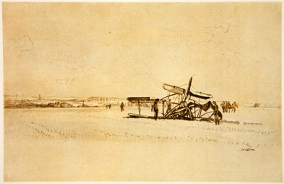 Ztroskotané letadlo u Alberta, ilustrace z knihy "The Western Front", vydavatelství Country Life Ltd. od David Muirhead Bone