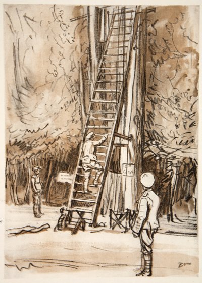 Pozorovací stanoviště, ilustrace z knihy "The Western Front", vydavatelství Country Life Ltd. od David Muirhead Bone