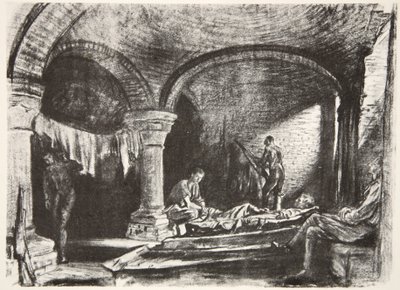 Underground Billet, ilustrace z knihy "The Western Front", vydavatelství Country Life Ltd. od David Muirhead Bone