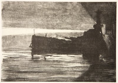 Blížení k bitevní lodi v noci, ilustrace z knihy "The Western Front", vydavatelství Country Life Ltd. od David Muirhead Bone