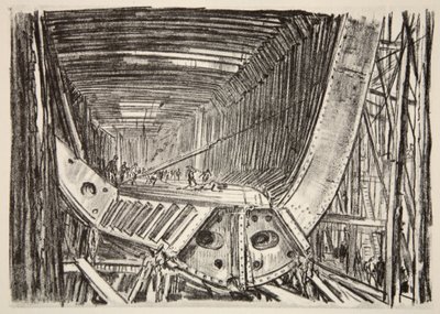 Stavba standardní lodi, ilustrace z knihy "The Western Front", vydavatelství Country Life Ltd. od David Muirhead Bone