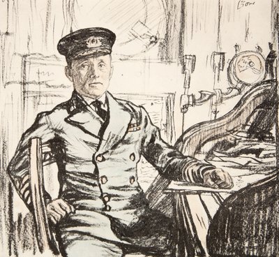 Kapitán Cyril Fuller RI Navy, ilustrace z knihy "The Western Front", vydavatelství Country Life Ltd. od David Muirhead Bone