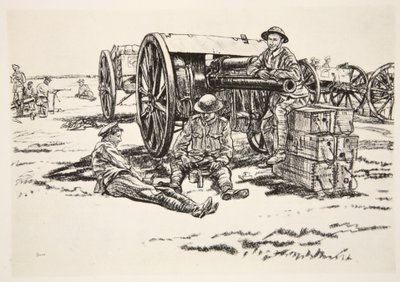 Čas večeře: Muži RFA, ilustrace z knihy "The Western Front", vydavatelství Country Life Ltd. od David Muirhead Bone