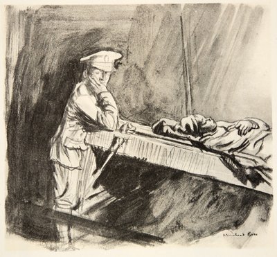Nalodění raněných, ilustrace z knihy "The Western Front", vydavatelství Country Life Ltd. od David Muirhead Bone