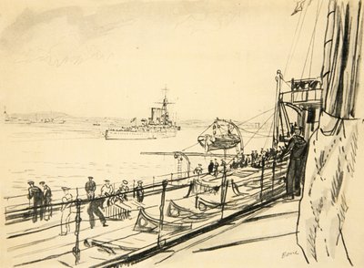 Ze zadní paluby bitevní lodi, ilustrace z knihy "The Western Front", vydavatelství Country Life Ltd. od David Muirhead Bone