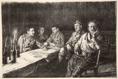 Jídelna důstojníků Gordon Highlander, ilustrace z knihy "The Western Front", vydavatelství Country Life Ltd. od David Muirhead Bone