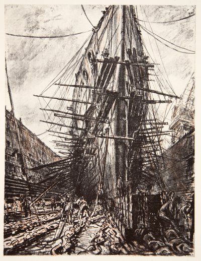 HMS Lion v suchém doku, ilustrace z knihy "The Western Front", vydavatelství Country Life Ltd. od David Muirhead Bone