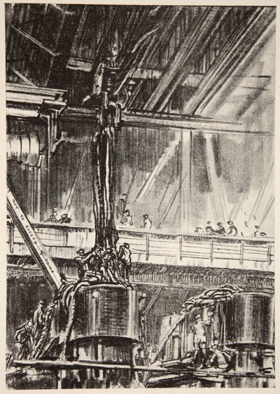 Ve strojovně, ilustrace z knihy "The Western Front", vydavatelství Country Life Ltd. od David Muirhead Bone