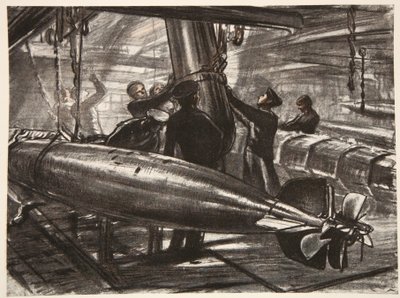 V ponořeném torpédovém prostoru bitevní lodi, ilustrace z knihy "The Western Front", vydavatelství Country Life Ltd. od David Muirhead Bone