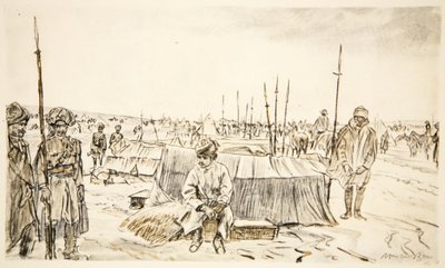 Indická kavalerie, ilustrace z knihy "The Western Front", vydavatelství Country Life Ltd. od David Muirhead Bone
