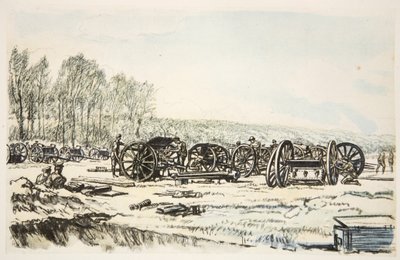 Muži RFA čistí své zbraně, ilustrace z knihy "The Western Front", vydavatelství Country Life Ltd. od David Muirhead Bone