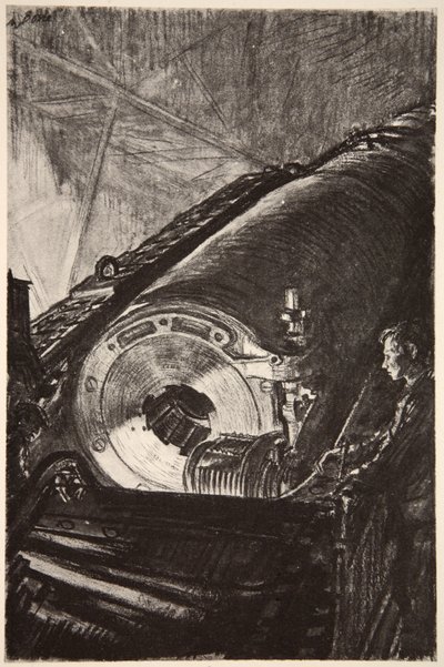 Noční práce na závěru velkého děla, ilustrace z knihy "The Western Front", vydavatelství Country Life Ltd. od David Muirhead Bone