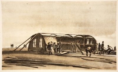 Na Sommě: Ilustrace z knihy "The Western Front", vydavatelství Country Life Ltd., Somme: muži RFC staví zimní chatu. od David Muirhead Bone