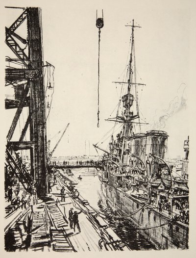 Připraven k odjezdu na moře, ilustrace z knihy "The Western Front", vydavatelství Country Life Ltd. od David Muirhead Bone