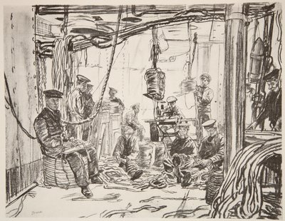 Námořníci na bitevní lodi vyrábějící munici pro armádu, ilustrace z knihy "The Western Front", vyd. Country Life Ltd. od David Muirhead Bone