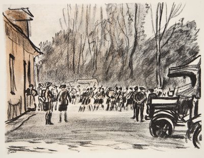 Skotští dudáci, ilustrace z knihy "The Western Front", vydavatelství Country Life Ltd. od David Muirhead Bone