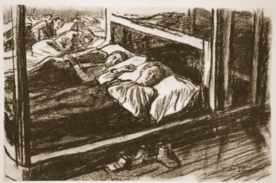 Spící ranění ze Sommy, ilustrace z knihy "The Western Front", vydavatelství Country Life Ltd. od David Muirhead Bone
