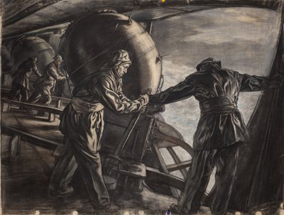 Studie k zimnímu kladení min u Islandu, cca 1942 (uhel a barevné křídy na papíře) od David Muirhead Bone