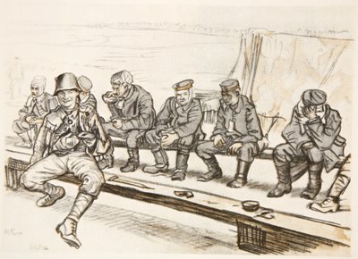 Šťastný bojovník, ilustrace z knihy "The Western Front", vydavatelství Country Life Ltd. od David Muirhead Bone