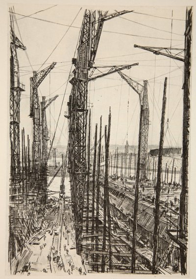 Sedm jeřábů, ilustrace z knihy "The Western Front", vydavatelství Country Life Ltd. od David Muirhead Bone