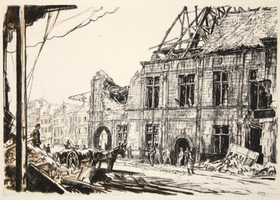 Radnice v Peronne, ilustrace z knihy "The Western Front", vydavatelství Country Life Ltd. od David Muirhead Bone