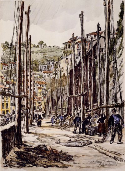 Rybáři tuňáků, Cudillero, asturské pobřeží od David Muirhead Bone