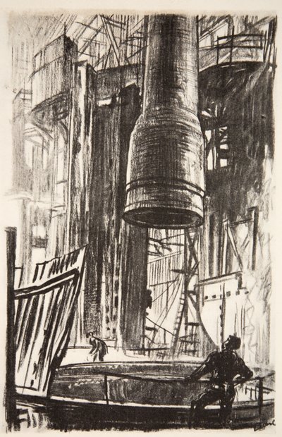 Dělostřelecká jáma: dělostřelecký plášť vjíždí do nádrže s olejem, ilustrace z knihy "The Western Front", vydavatelství Country Life Ltd. od David Muirhead Bone