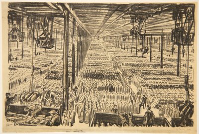 Hala s miliony nábojnic, ilustrace z knihy "The Western Front", vydavatelství Country Life Ltd. od David Muirhead Bone