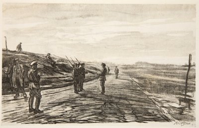 Noční piket, ilustrace z knihy "The Western Front", vydavatelství Country Life Ltd. od David Muirhead Bone