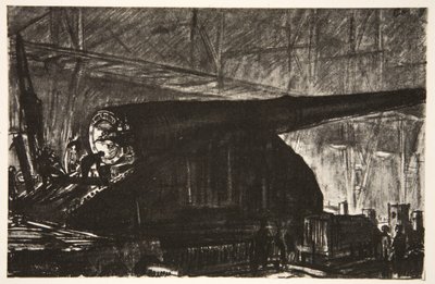 Noční směna při práci na velkém děle, ilustrace z knihy "The Western Front", vydavatelství Country Life Ltd. od David Muirhead Bone