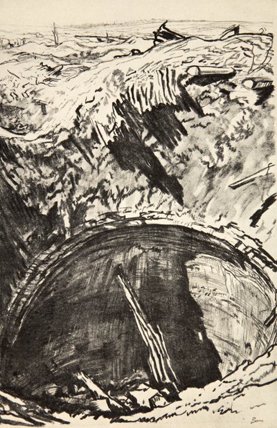 Jáma na farmě Mouquet, ilustrace z knihy "The Western Front", vydavatelství Country Life Ltd. od David Muirhead Bone