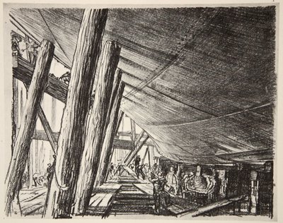Pod lodí, ilustrace z knihy "The Western Front", vydavatelství Country Life Ltd. od David Muirhead Bone