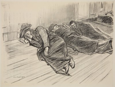 Chodící ranění spící na palubě, ilustrace z knihy "The Western Front", vyd. Country Life Ltd. od David Muirhead Bone